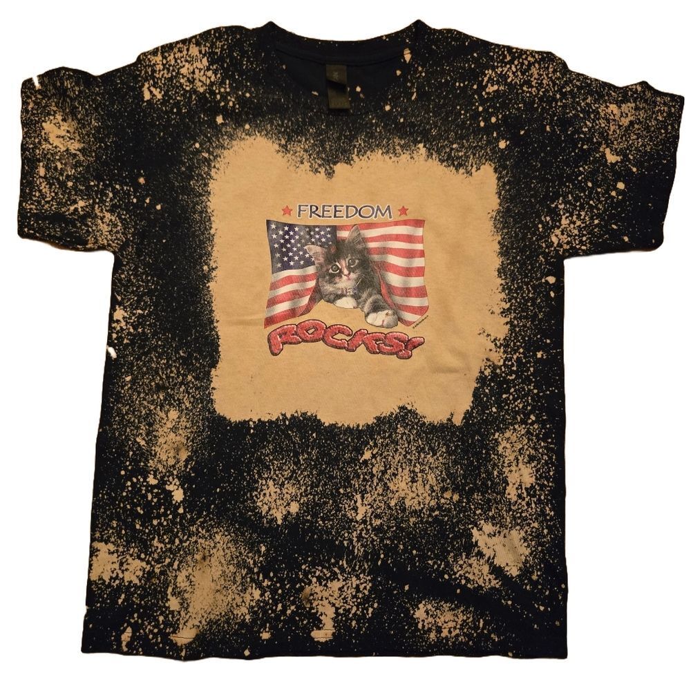 Youth Medium Patriotic Bleached Tee | Freedom Rocks Cat Shirt | July 4th Fun